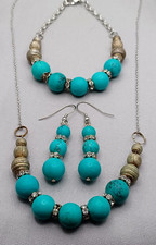 Turquoise Bead Set Necklace, Bracelet, Earring White Rhinestone Multi Tone Metal