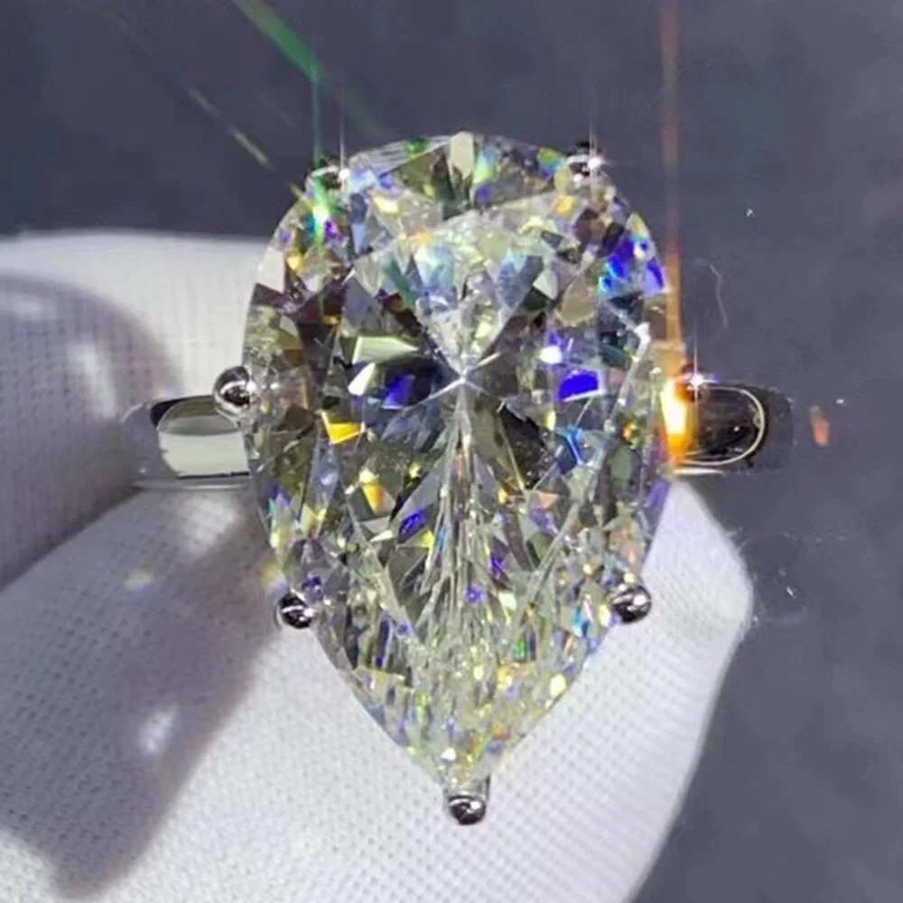 8 Carat K-M Faint Color Pear Cut Moissanite VVS 7 Prong Solitaire 10K Gold Ring