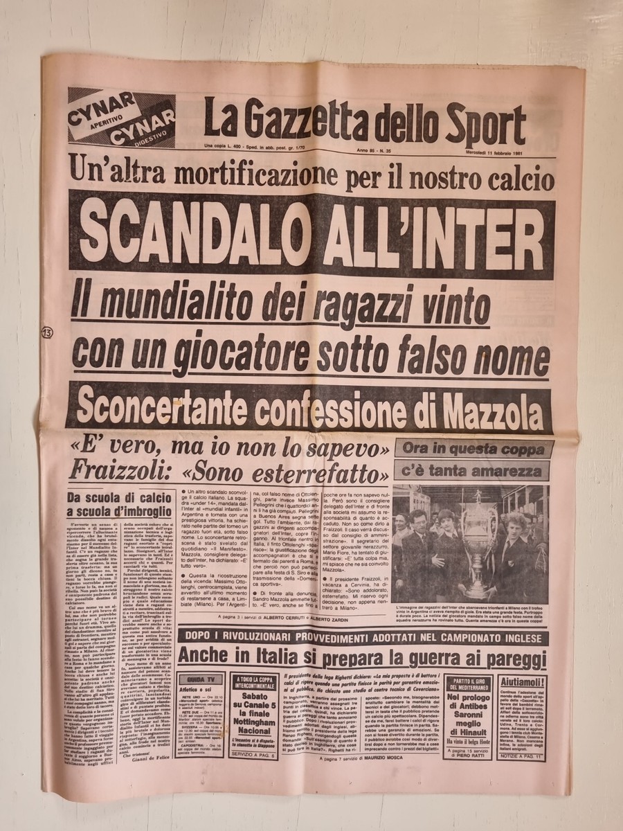 Gazzetta Dello Sport - 11 Février 1981 - Inter / Mundialito / Mazzola / Fraizzoli - Original