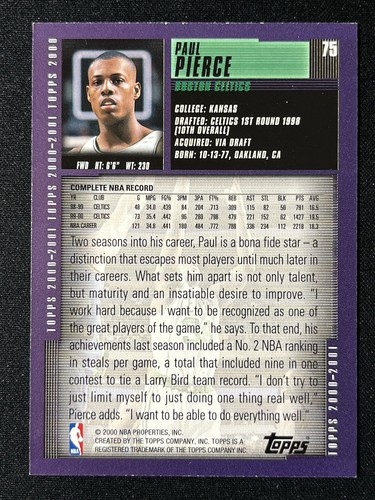 2000 Topps Paul Pierce #75 Boston Celtics HOF Basketball Card - Picture 2 of 4