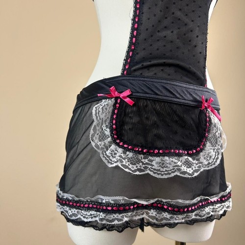 Hot Pink Black and White Scene Y2K Mcbling Mall Goth Ruffle Maid Tie Slip Dress - Picture 3 of 5