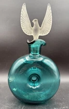Blenko?? Glass Decanter Pinched Center Dimple  Teal Blue Phoenix Bird Topper