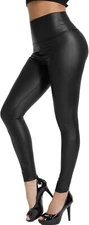 KIWI RATA Women's High Waist Faux Leather Leggings Butt Lift Black Sz Large NEW