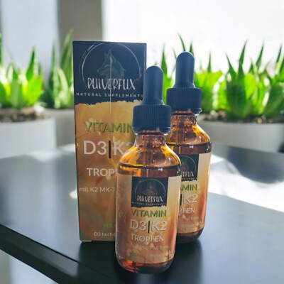 VEGANE D3 + K2 Tropfen   2x 60ml hochdosiert mit 1000 IE   99,7% MK7 aus Flechte