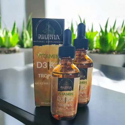 PULVERFUX VEGANE D3 + K2 Tropfen ⭐ 2x 60ml hochdosiert mit 1000 IE ⭐ 99,7% MK7 aus Flechte