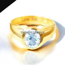 Aquamarine Oval Cut With 925 Sterling Silver Gold Plated Ring For Men's #A175 *
