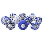 Blue Hand Painted Vintage Ceramic Knobs for Kitchen Cabinet & Wardrobe Set of 10