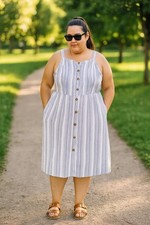 Loft Plus  White Blue Striped Button Down Summer Midi Dress, Size 16