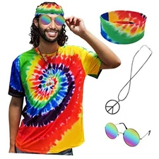 Hippie Costume for Men Women 60s and 70s colorful T Small T-shirt 4 Piece Set