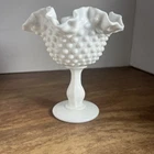 Vintage Fenton White Milk Glass Hobnail Ruffled Edge Compote Candy Dish