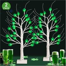 2 Pack St. Patrick'S Day Lighted Birch Tree, 24 Inch St. Patrick'S Day Tree Deco