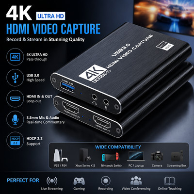 4K HDMI Video Capture Card USB 3.0 Recorder for Streaming Gaming PC