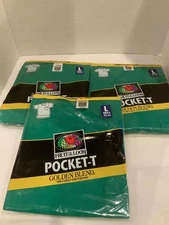 3Vtg Fruit of the Loom Pocket T Shirt Mens Large green Golden Blend 50/50 NWT 98