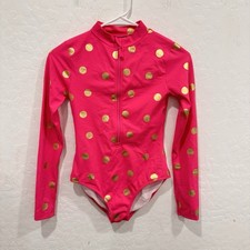 Mini Boden Swimsuit Girls 11-12 Y Pink Gold Foil Dot Rashguard Long Sleeve