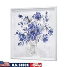Framed Floral Wall Art Blue Flower Vase Decorative Home Accents Easy Hang New