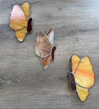 Vintage HIPPIE Boho MCM Stained Glass Butterfly AMBER Suncatcher Set Of 3   9  