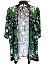 Chico s Linen Cotton Open Front Cardigan Sweater Jacket Green Black Size 1 M