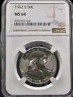 1952 50C Silver Franklin Half Dollar NGC MS 64 White Coin in Holder