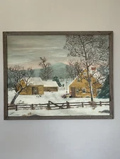 Vintage American Folk Art Naive Winter Snow Scene Oil Painting Signed Beauty