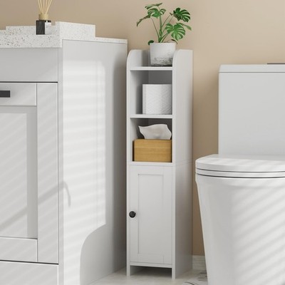 Small Bathroom Corner Storage Cabinet with Door & Shelves, Narrow Toilet Paper H