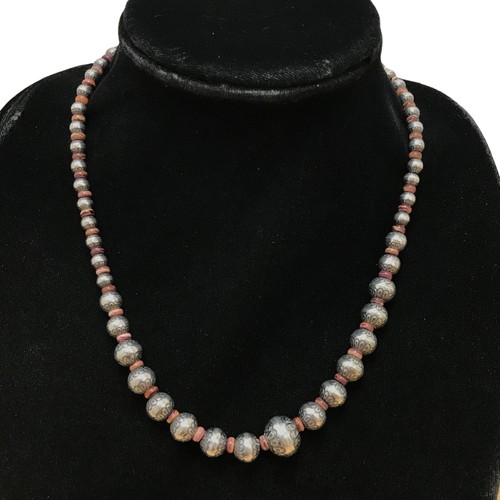 Sterling Silver Navajo Pearl Spiny Oyster Spacer Bead Etched Necklace 28g 24”