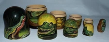 5 Hand Painted Russian Matryoshka Nesting Dolls Crocodiles Alligator Wood SIGNED