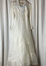 Vintage 60  s 70  s Boho Wedding Dress And Veil White Blue Floral Long Sleeve XS