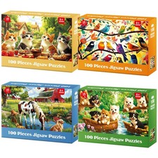 4 Packs 100 Piece Puzzles for Kids Ages 4-6 6-8 8-10, Dogs Cats Farms Birds E...