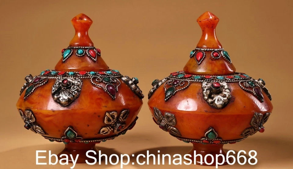 5.2英寸旧藏琥珀银佛教花朵八宝罐一对 — 第 2/4 张图片