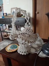 Vintage Safety Pin and Bead Basket Hand Made Craft Art Clear and White 11"