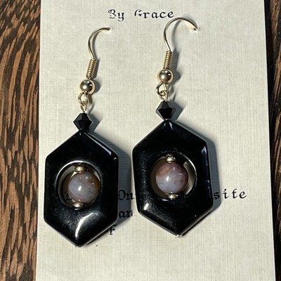 NEW Onyx Crystal Petrosite Austrian Crystal 4K GF Dangle Earrings Shepards Hook