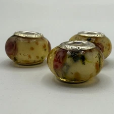 Sterling Silver 925 Core Murano Style Floral Lampwork Glass Charm Beads Set