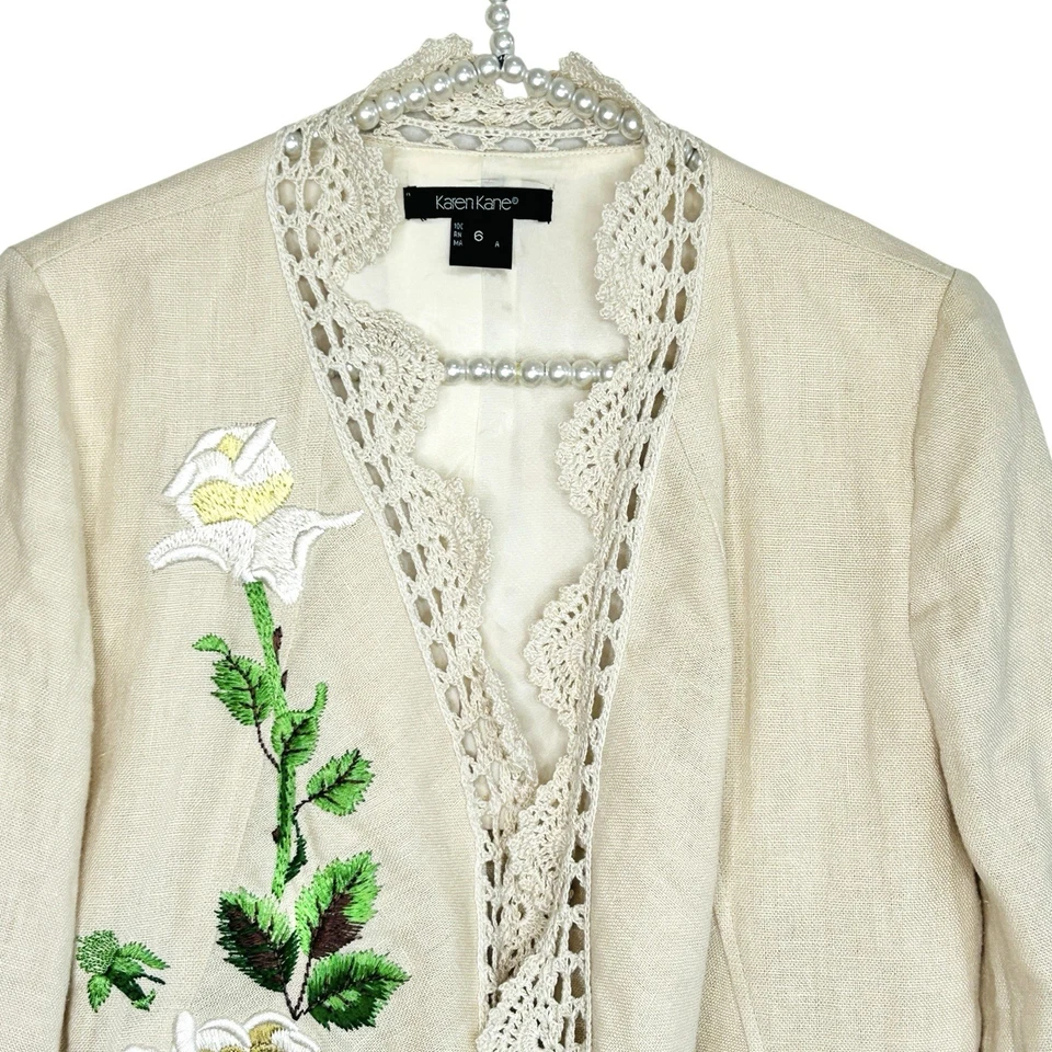 Chaqueta Karen Kane Lino Bordada Crochet Mujer 6 Boho Elegante Arte Para Usar Foto 3 de 4