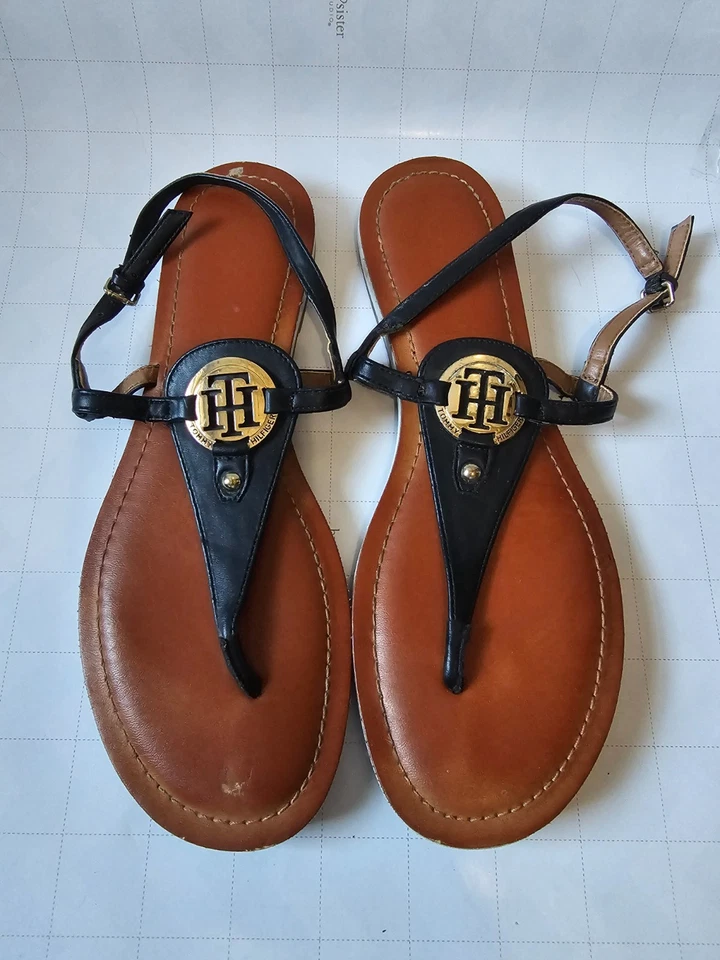 Tommy Hilfiger Mujer Talla 9 Negro Cuero Logo Tanga Sandalias Planas Foto 2 de 3
