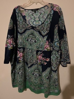 Ulla Popken Woman's Top, Blue Floral Boho, Knit, Tunic, Sz 20/22