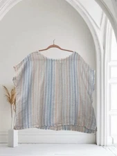 C&C California Metallic Stripe Button Back Linen Top Size Large Boxy Cap Sleeve 