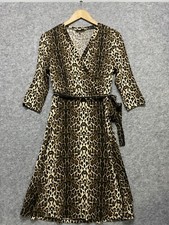 Yumi Size 10 Black Brown Beige Leopard Animal Print Mock Wrap BELTED Dress 3/4