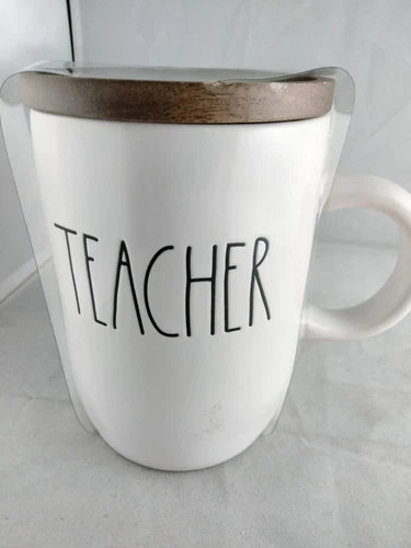 Rae Dunn by Magenta Teacher Fuel Coffee Tea Mug W Wooden Lid With Wear To Lid
