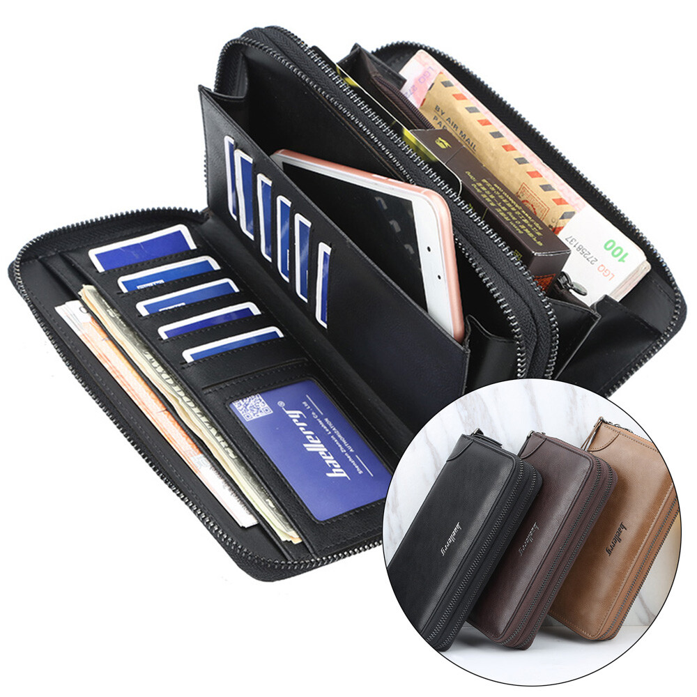 Mens Double Zipper Leather Clutch Wallet Phone Bag Card Holder