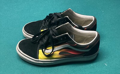 Vans Old Skool Shoes Size 9 Men 10.5 Women Color Black w/ Yellow & Orange Flames