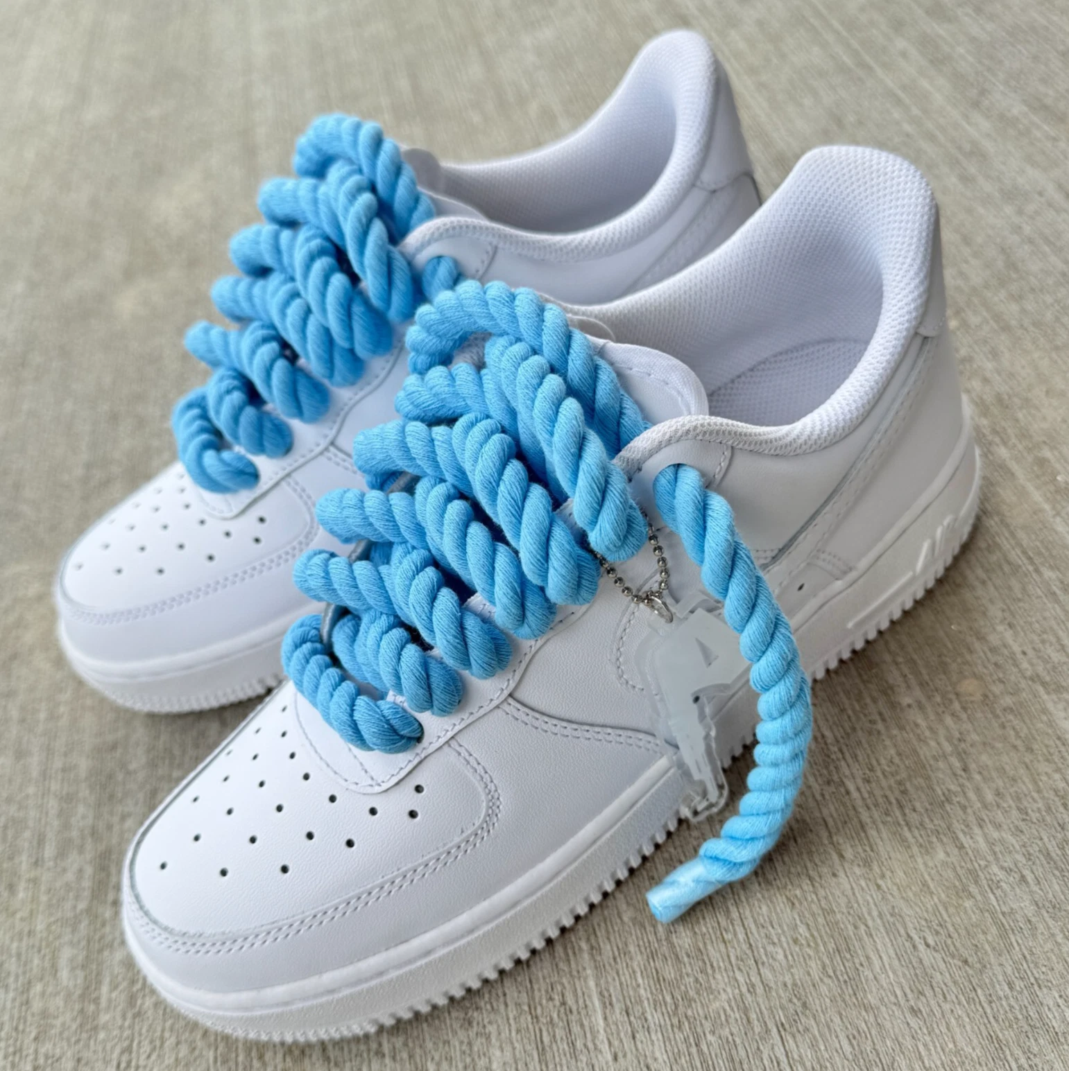 Custom Nike Air Force 1 White with Chunky Light Blue AF1 Rope Laces and Hangtag