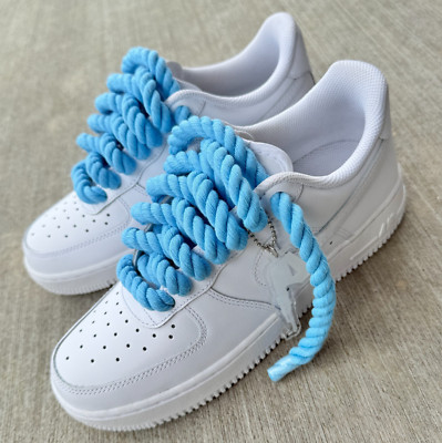 Custom Nike Air Force 1 White with Chunky Light Blue AF1 Rope Laces and Hangtag