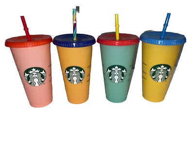 Starbucks 4pk Reusable Color-Changing Cold Cups with Lids and Straws | eBay