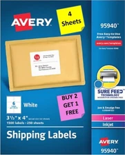 [4 Sheets] Avery 95940/8164 White Shipping Labels 3-1/3" x 4" INKJET/LASER B2G1