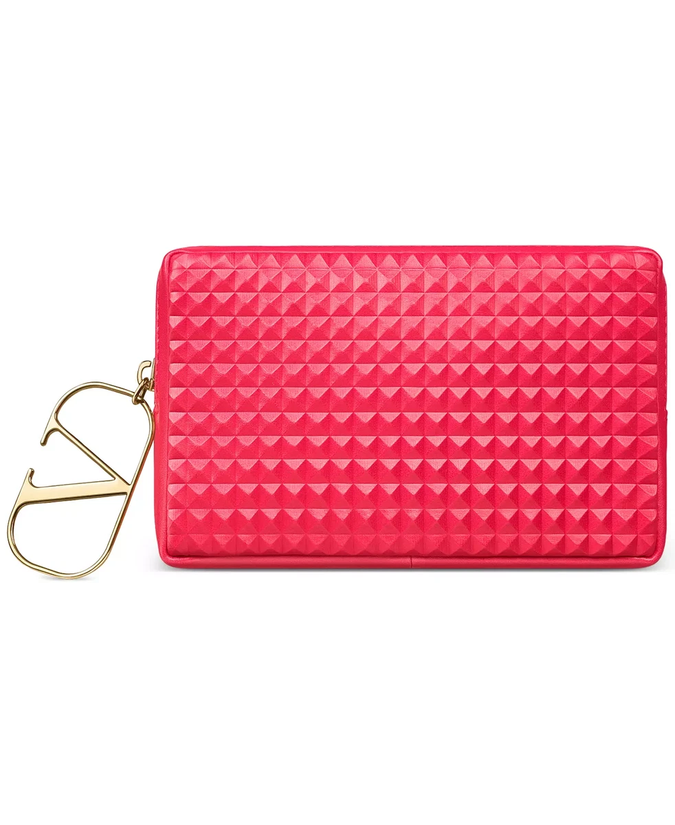 NEW VALENTINO Pink Red Studded Pouch Coin Purse clutch Makeup Bag 100 Authentic