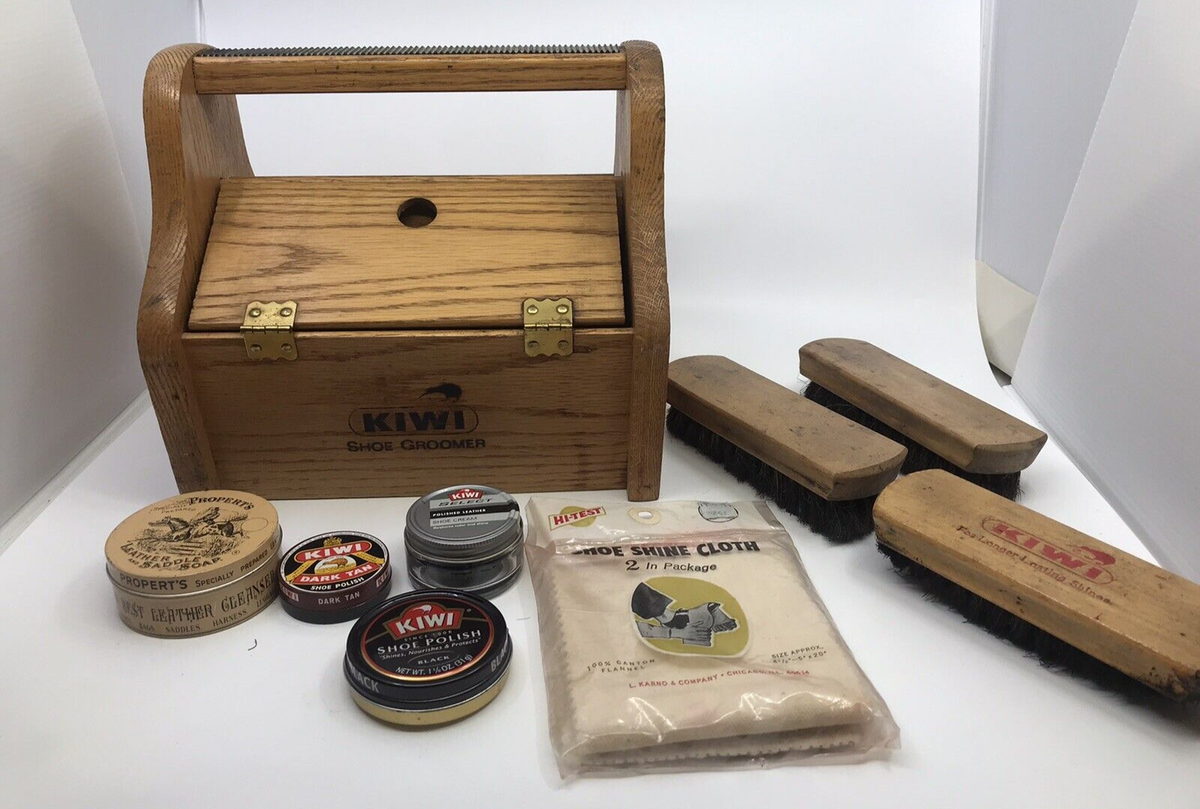 Vintage Kiwi Oak Shoe Groomer Shoe Shine Box w/ Accessories | eBay