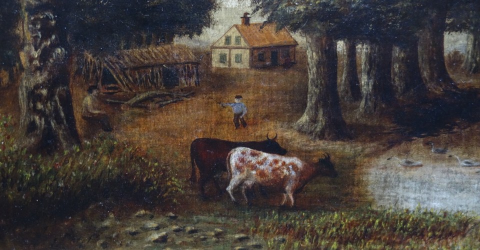 Original Antique Naive Oil Painting on Board Farm Scene Landscape with ...