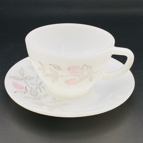Vintage Milk Glass Cup And Saucer Set Federal Clover Blossom Pattern