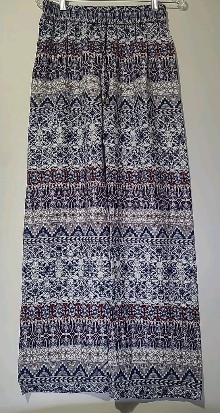 ROSE & THYME WOMEN’S CASUAL PULL ON PANTS Size S BLUE RED PAISLEY WIDE STRAIGHT