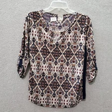 Naif Women Top PM Beige Geometric Aztec Blouse Long Sleeve Round Neck